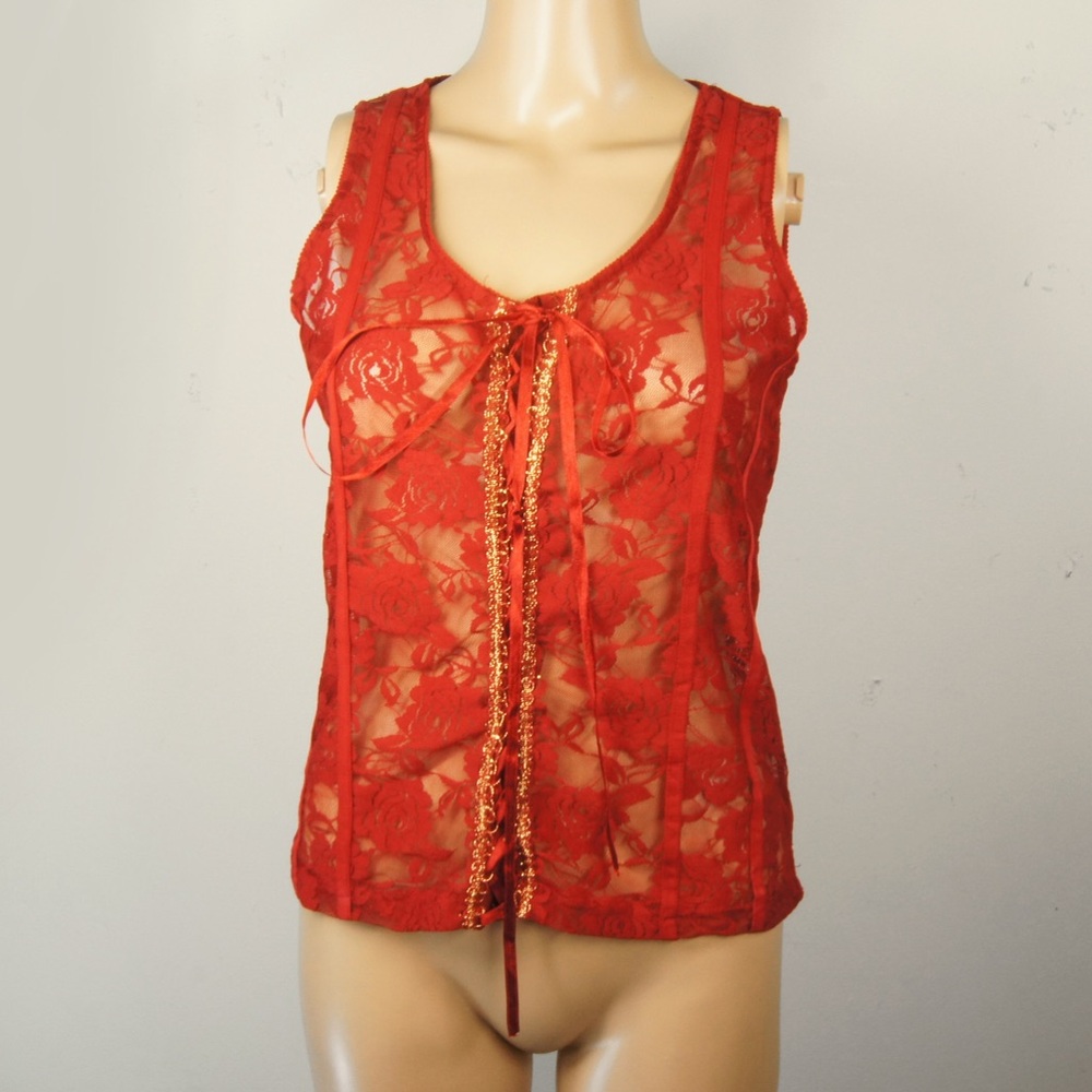 Vintage 90s Legrenier France Red Lace Up Sheer Sleeveless Tank Top